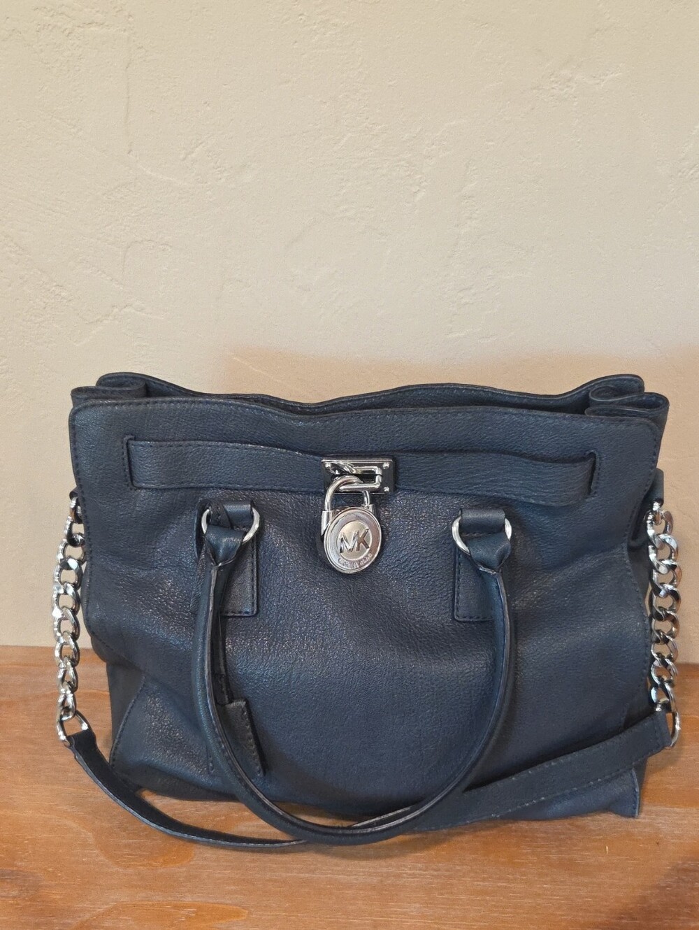 Michael Kors Hamilton Large Navy Leather Satchel Shoulder Bag MK Lock